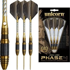 Unicorn John Lowe Darts 90% Tungsten Phase 4 Barrels with Two-Tone Black & Gold